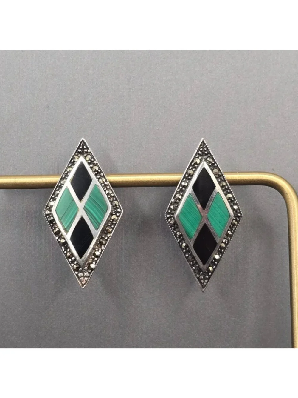 Sterling Silver Malachite Onyx Inlay Earrings Marcasite Border Artisan Signed A - Picture 2 of 12